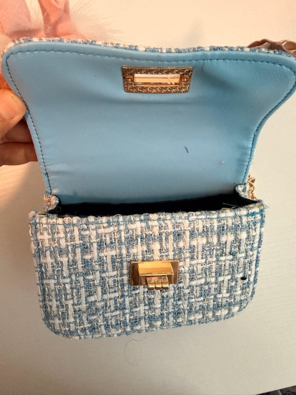 Blue Tweed Mini Crossbody Bag with Pink Floral Accents - Picture 3 of 4